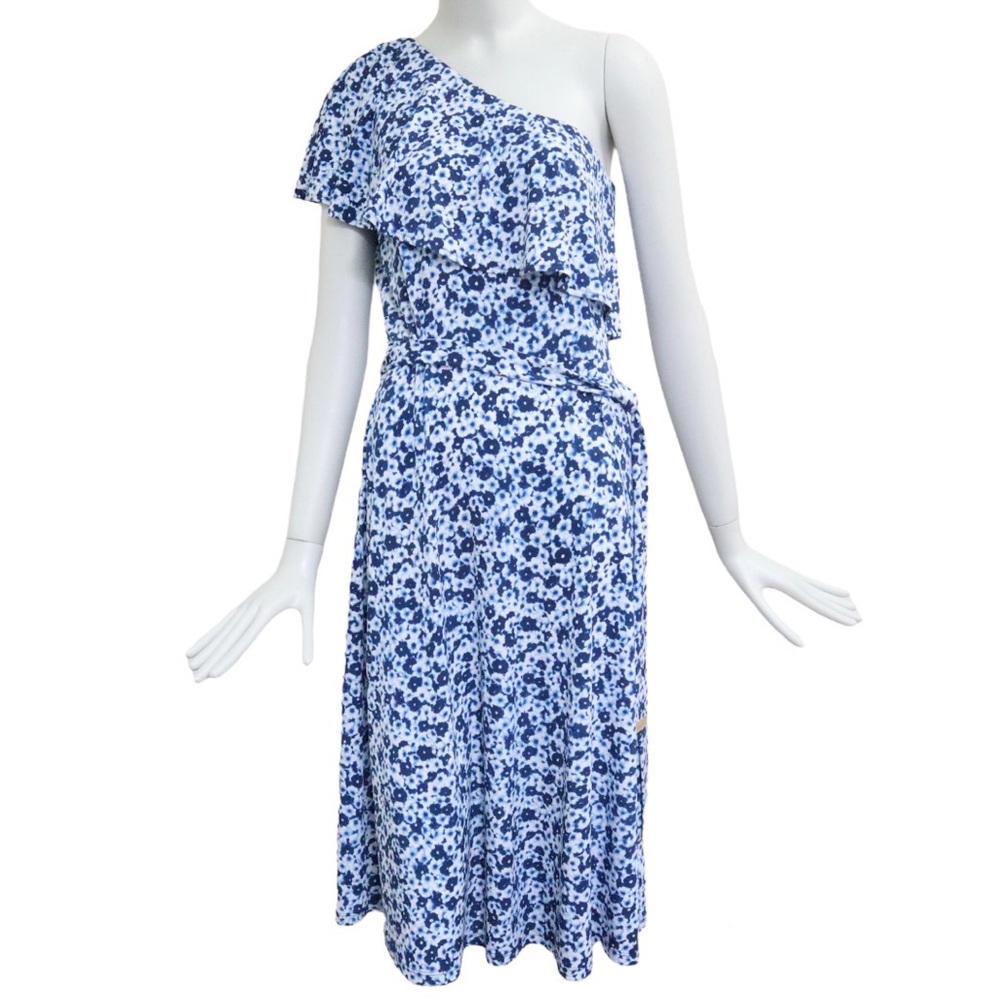 Michael Kors One Shoulder Floral Tie Royal Blue Midi Dress